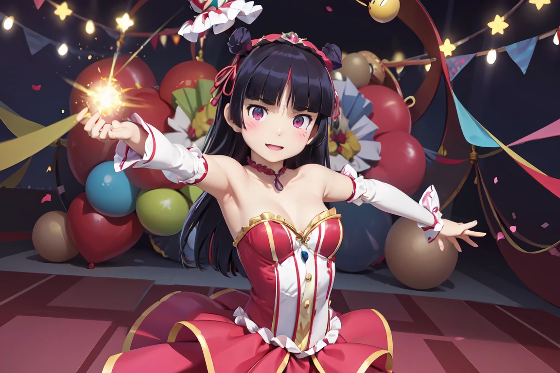 ruri gokou, (( brightly illuminated circus stage )), ( the moment a comical clown is balancing), brightly colored balloons , ren's smiles , Vibrant Background, Humorous atmosphere, (Nimble movement), j3stdr3ss ,cleavage,bare shoulders,detached sleeves,strapless,tassel,jester cap, jester dress,full body, Long Hair, hime cut, Black Hair ,1 Female, solo