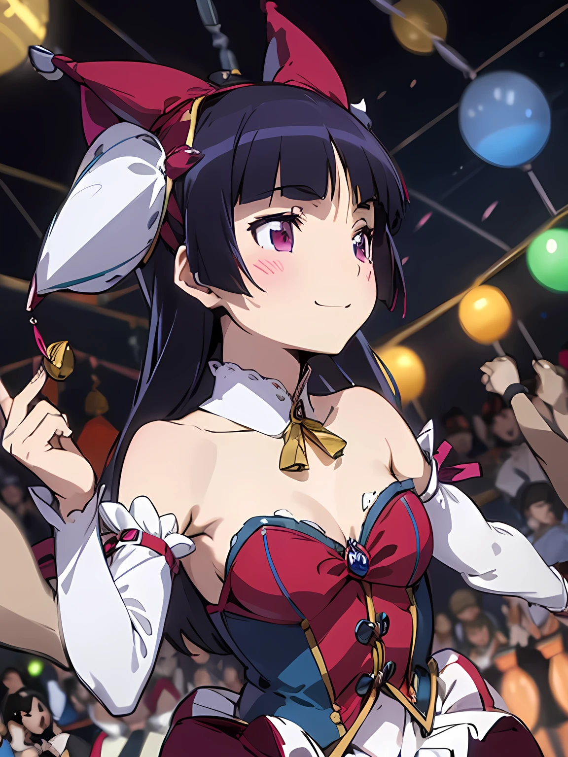 ruri gokou,  brightly illuminated circus stage ,  the moment a comical clown is balancing, brightly colored balloons , ren's smiles , Vibrant Background, Humorous atmosphere, Nimble movement, j3stdr3ss ,cleavage,bare shoulders,detached sleeves,strapless,tassel,jester cap, jester dress,