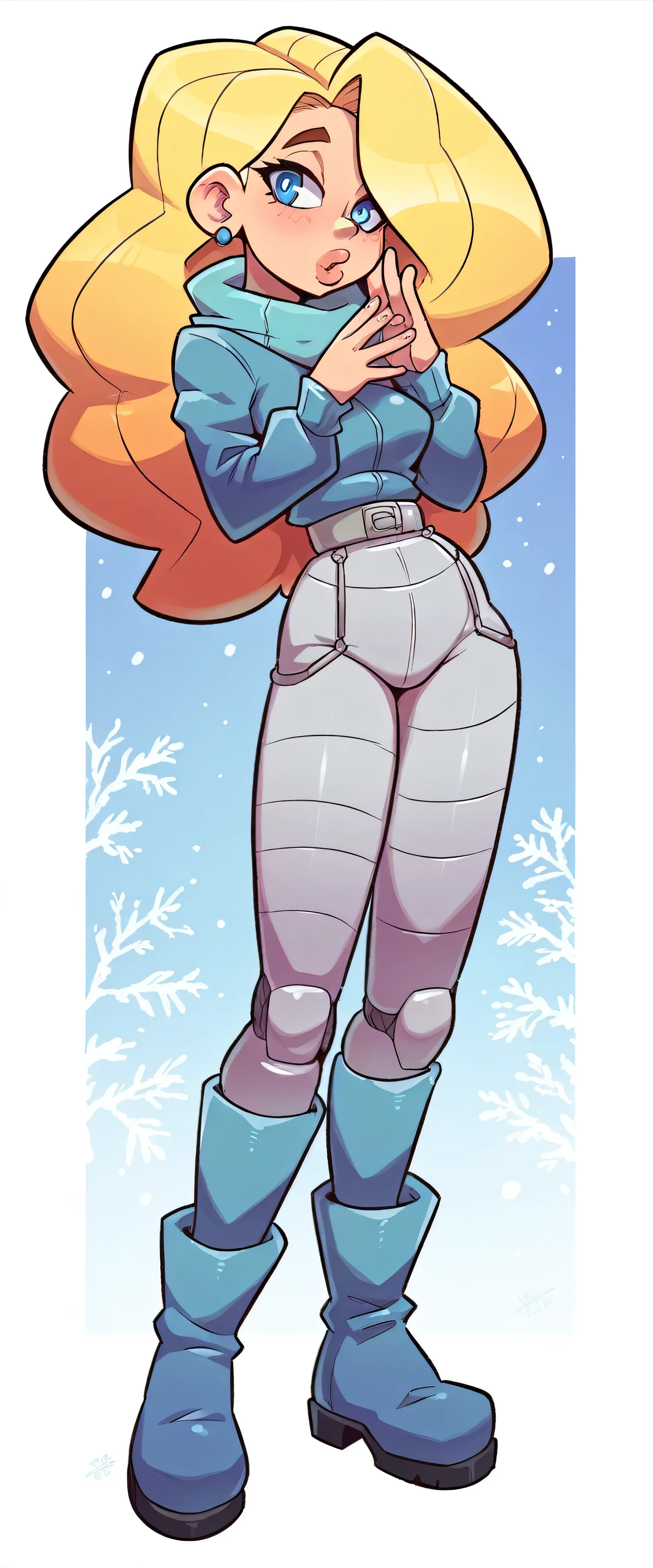 huntress, female, solo, standing, red boots, breasts, helmet, bodysuit, scarf, armor, gloves, close-up, (lower body), outside, wide hips, mountain, snow
