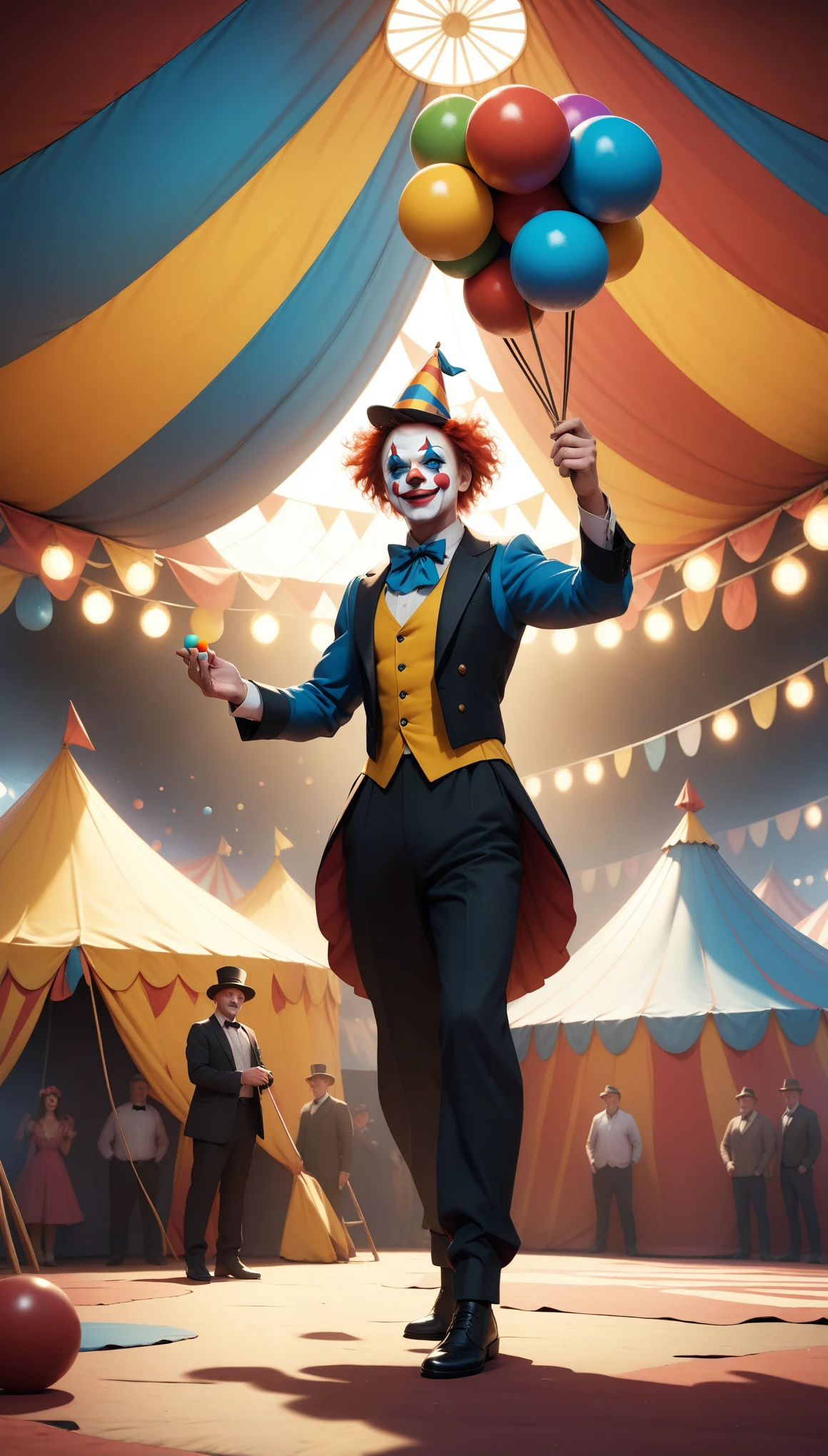Clowns in 1960s mod attire with mechanical limbs, performing surreal tricks with steam-powered gadgets