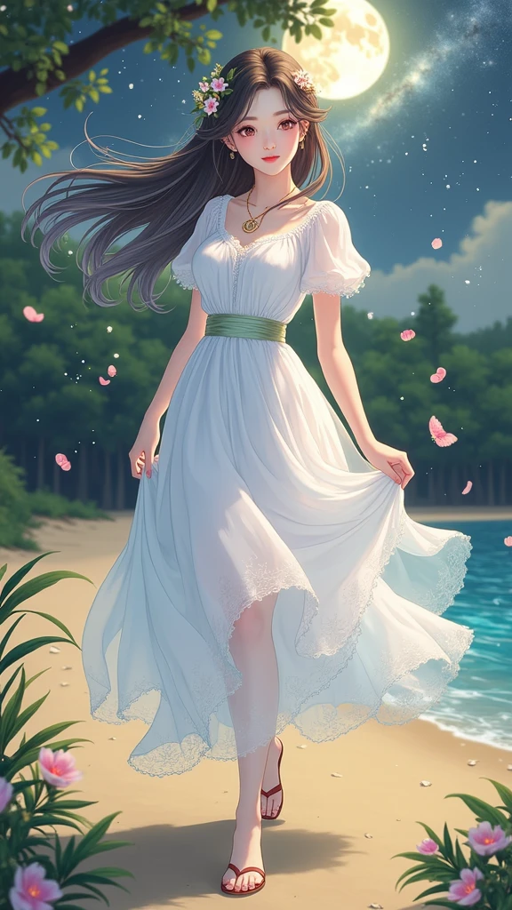 (masterpiece、Highest quality、8k、High resolution)、One female、(Beautiful Face、Beautiful Face)、Beautiful eyes、Beautiful lips、Beautiful nose、Brown-black hair、(The best girl in anime)、Sandy beach with a view of the forest、A bright night with stars visible、full moon、milky way、体whole bodyから神秘的な光の粒子、Colorful light particles、A mysterious light glowing around the head、melt、jewelry、necklace、dress、(whole body)、Highly detailed anime art、A complete portrayal、