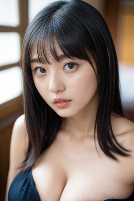 a close up of a woman with a very big breast posing for a picture, droppy blue eyes, japanese goddess, oppai, cleavage,good young girl, beautiful asian girl, sexy girl, japanese model, jaw-dropping beauty, asian girl