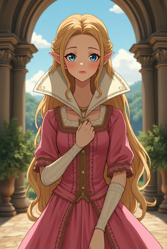 1400's Anime, Renaissance Princess Zelda wearing a Pink Dress with a Massive Medici Popped Collar. She's holding up her collar 