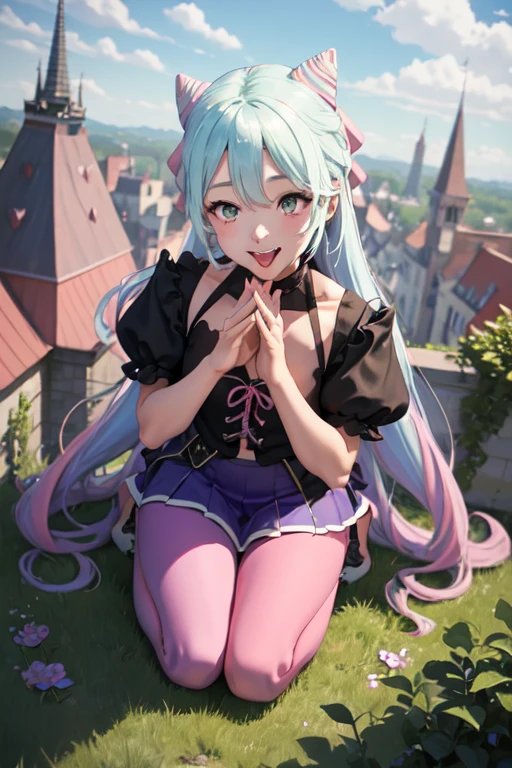 masterpiece, best quality, rosado, otoko no ko, cone hair bun, purple skirt, pink leggings, smile, castle exterior, hedges, looking at viewer, kneeling, pov, from above, mouth open, tongue out, begging, topless