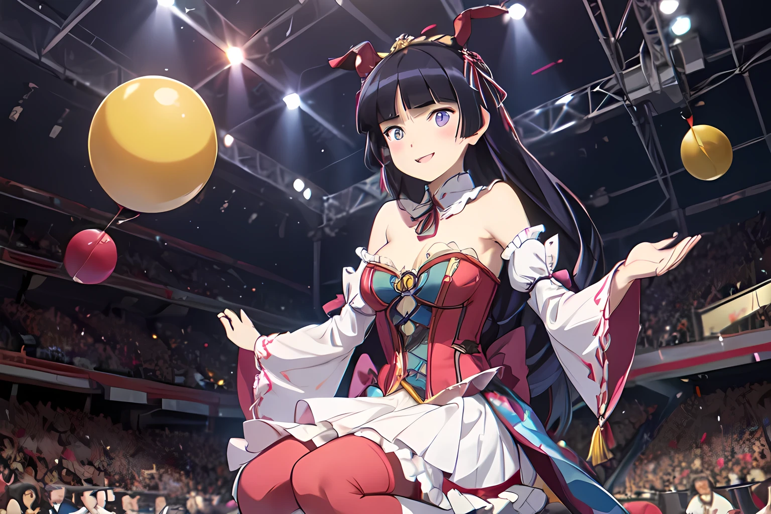 ruri gokou, (( brightly illuminated circus stage )), ( the moment a comical clown is balancing), brightly colored balloons , ren's smiles , Vibrant Background, Humorous atmosphere, (Nimble movement), j3stdr3ss ,cleavage,bare shoulders,detached sleeves,strapless,tassel,jester cap, jester dress,full body, Long Hair, hime cut, Black Hair ,1 Female, solo