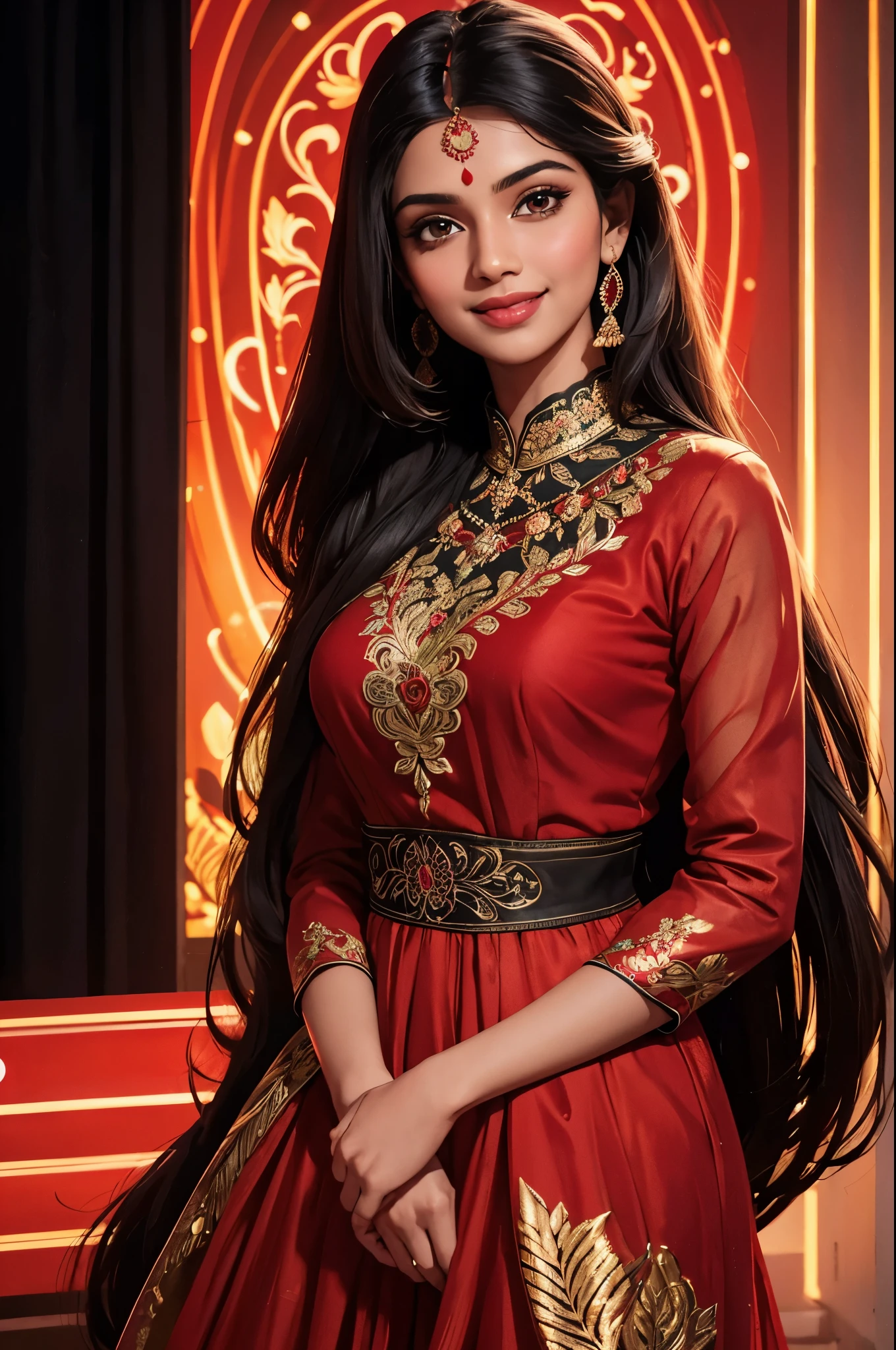 a beautiful indian woman, red and black floral long sleeve dress, long straight hair, smiling, portrait, neon lights background, intricate details, photorealistic, cinematic lighting, vibrant colors, 8k, high resolution, masterpiece