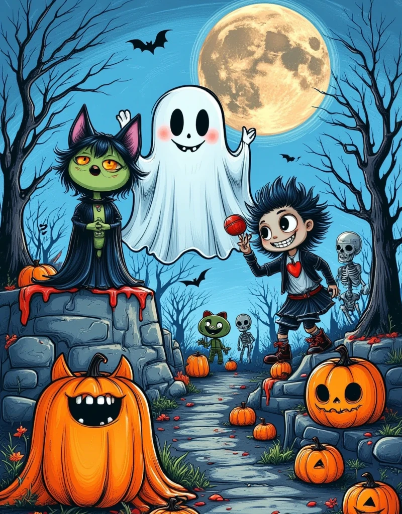 Generate a landscape image filled with classic Halloween elements. In the foreground, feature a friendly ghost, a shiny black cat, and a playful green monster donning oversized fangs and claws for comical effect. On the sidelines, depict several animated zombies and skeletons whose lighthearted mannerisms emphasize the fun fright of the holiday rather than actual horror. Color the scene in deep, mysterious tones to reflect the ambiguity of a dark Halloween night. Accentuate the composition with a large full moon, flickering jack-o'-lanterns, and barren trees silhouetted against the royal blue sky to evoke a wonderfully eerie atmosphere. Avoid an overly scary or graphic representation to keep this Halloween scene engaging but not extreme,  two-dimensional flat cartoon ， hand-painted graffiti ，Minimalism，Line Drawing，Stroke，Smooth lines， with clear strokes ， The shape is cute and simple，High color saturation ，White Space