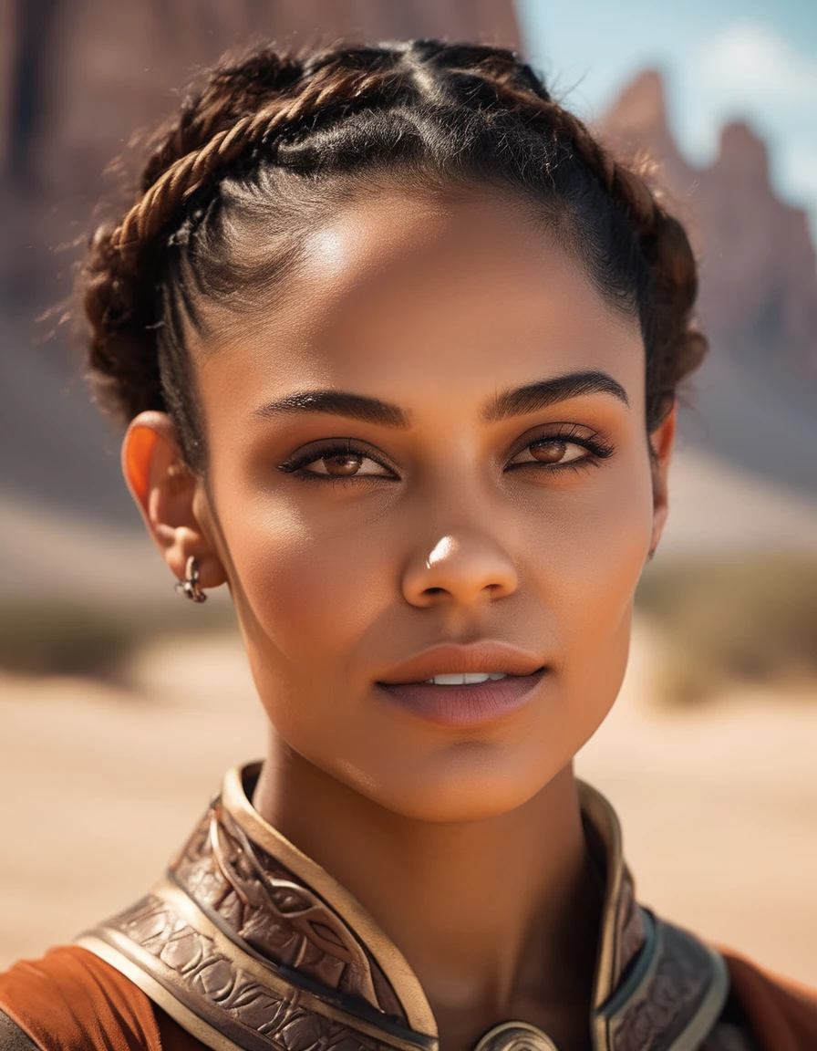 cinematic photo A closeup portait of  (( she live hidden in the desert, highly detailed painting, by Artgerm and Raphael Lacoste  . 35mm photograph, film, bokeh, professional, 4k, highly detailed, elf, elf ears, brown skin, average face, (upper body view, looking at viewer), skinny