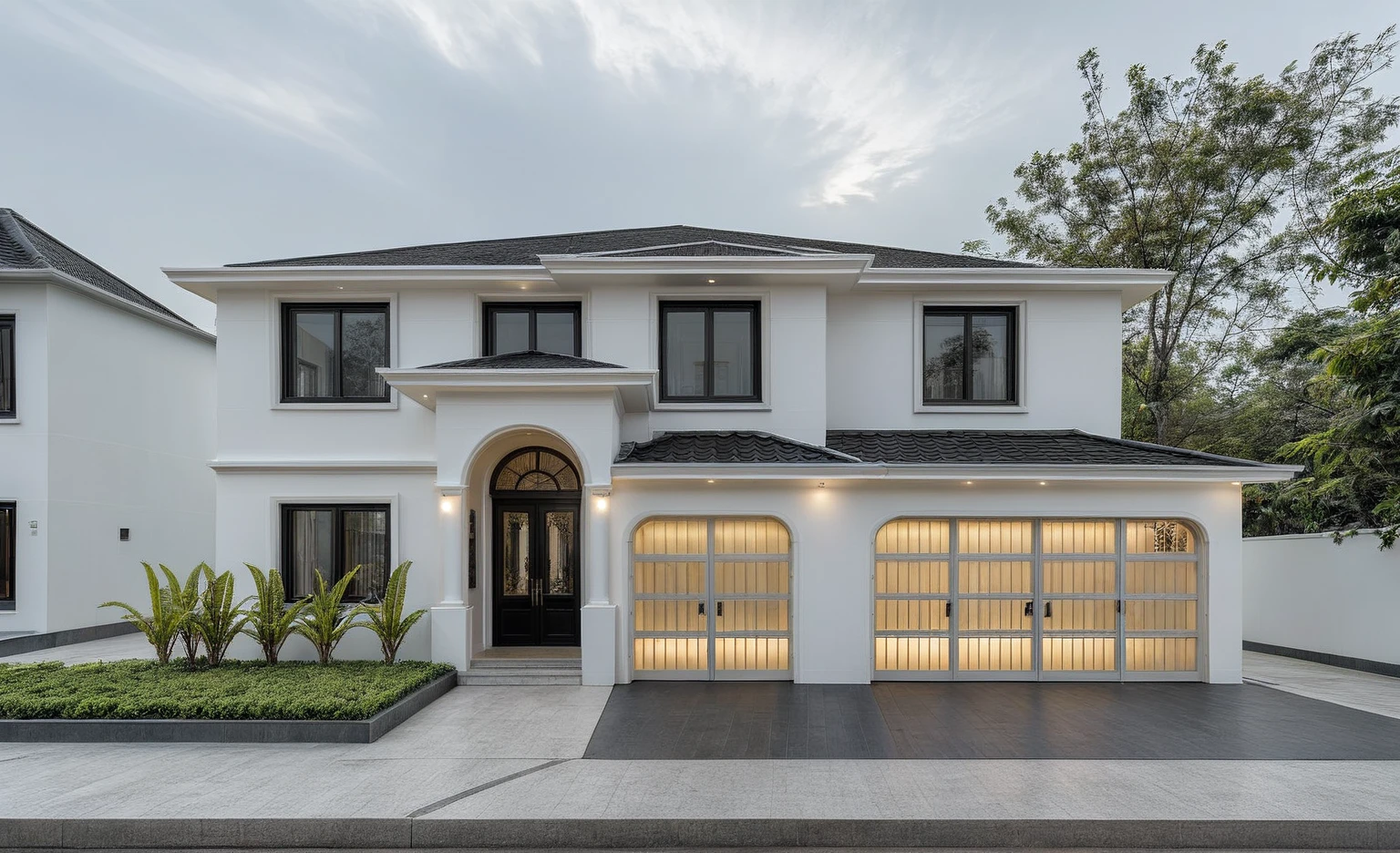 RAW photo, a photo of a modern house, (curvilinear archrchitecture:1.4), Wabisabi style rounded wall, white wall, steel black gate, sidewalk, sidewalk trees, ((grey gate:1.2)), road, viet nam modern residence, ((architectural shot)), rough white wall, new residential area, wide angle exterior 2022, contemporary house, exterior photography, masterpiece, contemporary architecture, overcast, indirect lighting