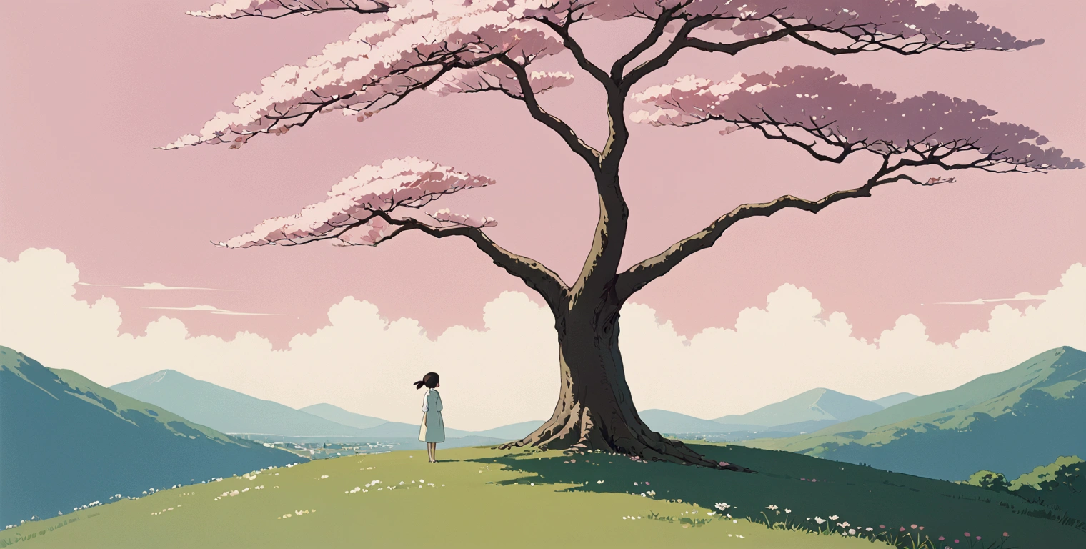 (minimalism:1.4), Lofi anime style, Studio Ghibli art, Miyazaki ,pastel , cute ,minimalist , SPIRITED AWAY ,No one is there , No people , Landscape ,Cherry blossom tree