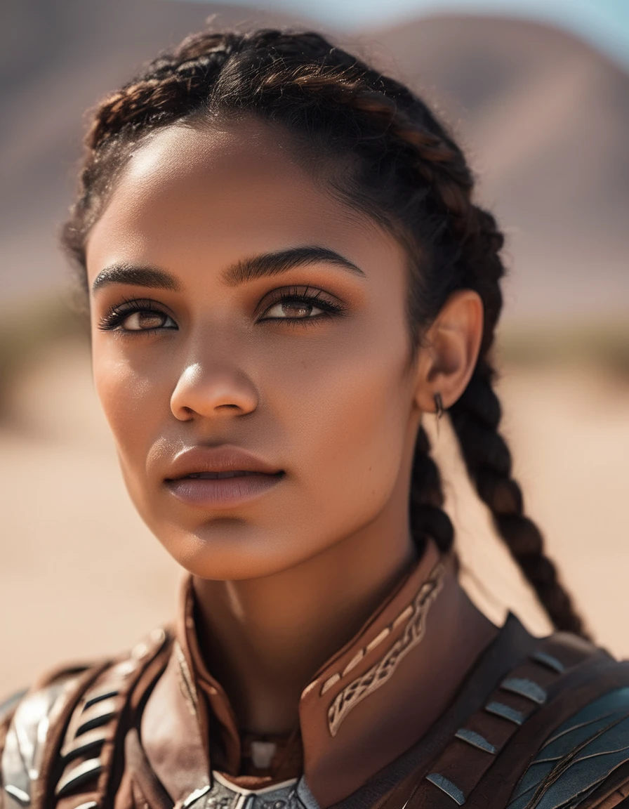 cinematic photo A closeup portait of  (( she live hidden in the desert, highly detailed painting, by Artgerm and Raphael Lacoste  . 35mm photograph, film, bokeh, professional, 4k, highly detailed, elf, elf ears, brown skin, average face, (upper body view, looking at viewer), skinny, closed mouth, freckles, pointed ears, skin details, 