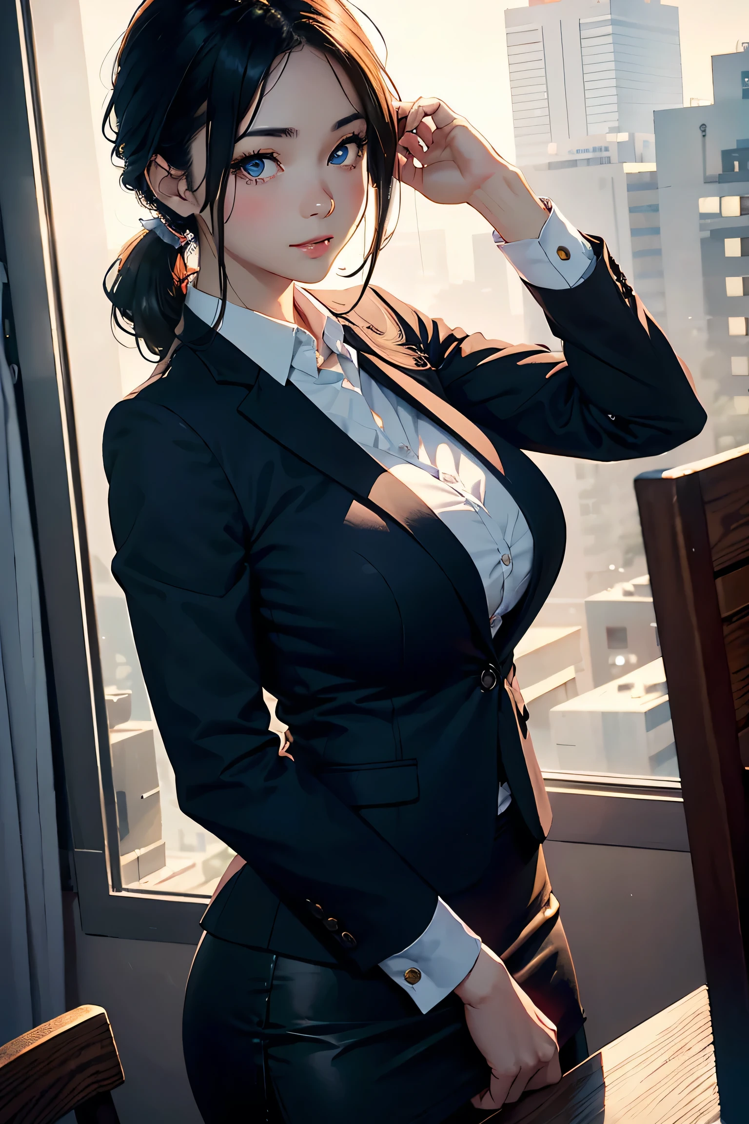 Masterpiece, high quality, 8k, ultra detail, dynamic angle, dynamic poses,(office suit), (large breast), (cleavage), office girl, (bare thigh), (medium hair), (bayonetta make up)