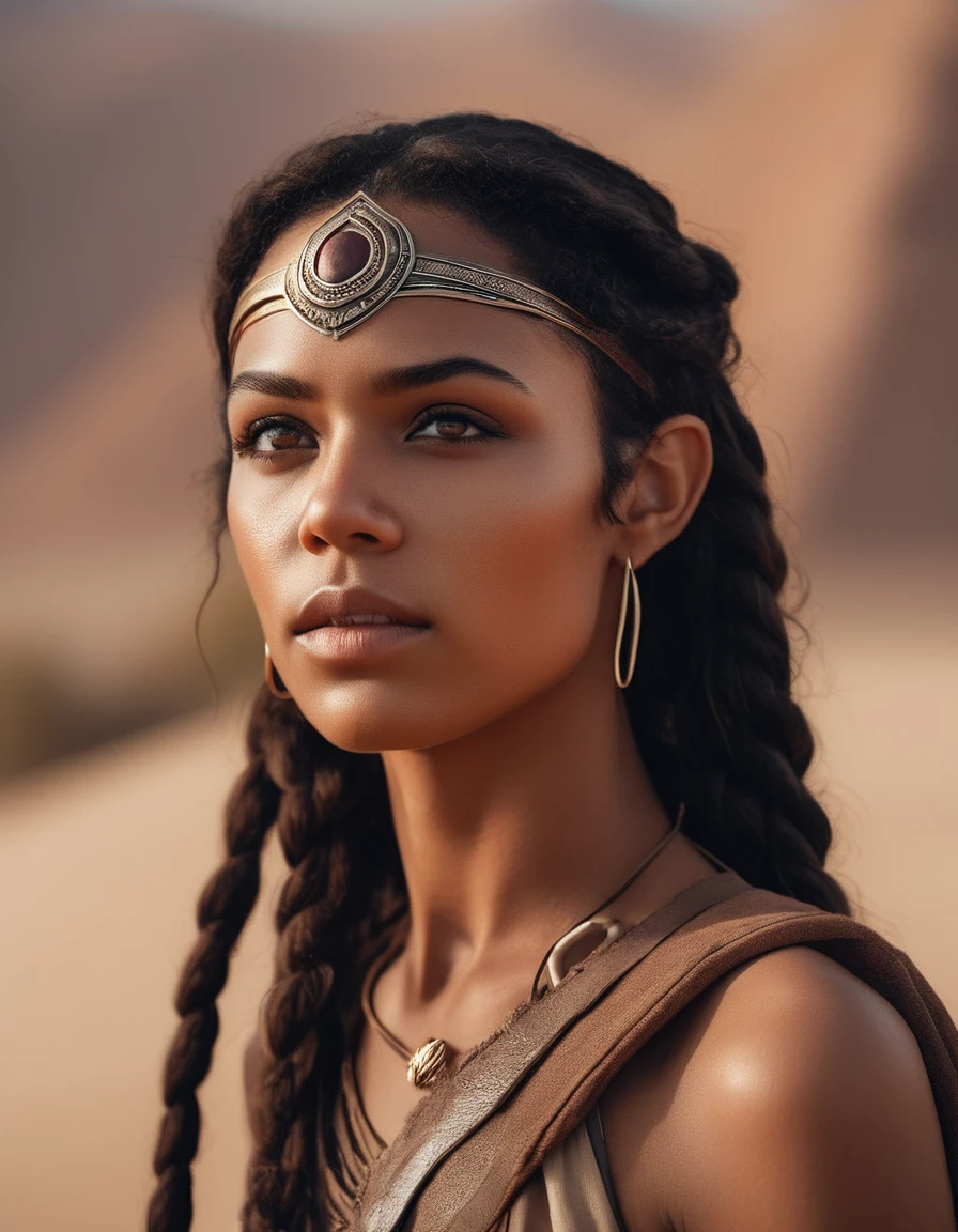 cinematic photo A closeup portait of  (( she live hidden in the desert, highly detailed painting, by Artgerm and Raphael Lacoste  . 35mm photograph, film, bokeh, professional, 4k, highly detailed, elf, elf ears, brown skin, average face, (upper body view, looking at viewer), skinny, closed mouth, freckles, pointed ears, skin details, 