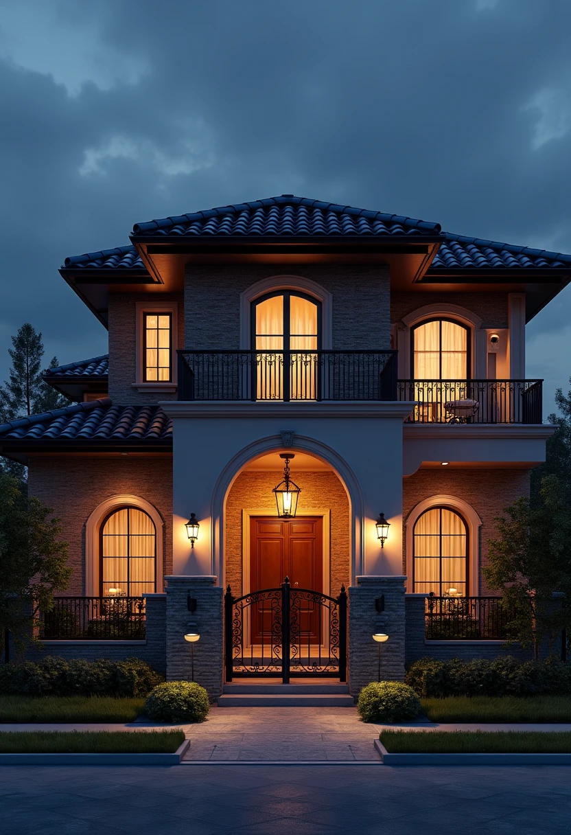 When design a MEDITERRANEAN EXTERIOR house, exterior design, (dark blue roof:1.1), (roof tile:1.2), (|Dark sky background| at night) (MEDITERRANEAN style:1.1), |brick wall|, ((Iron with artistic patterns detail:1.3) designed to make railings, windows),(xingfa door), (curved arch:1.35), (white wall), (nigh light:1.3), (night view:1.3),designed to make gates, railings, windows), The house bathed in natural nightlight and has warm LED lighting. Super sharp like photos taken with a professional camera, color block wall detail, (|color block materials| in MEDITERRANEAN house), white color block MEDITERRANEAN house (((volumetric light))), (outdoor ceiling spotlight:1.2), (Exterior night reverse lights:1.2), (| MEDITERRANEAN cornice|), The focal point of the room the warm LED light with a color temperature of 3600k,|reverse lights| illuminate the columns around the house, night, 8k uhd, dslr, soft lighting, high quality, film grain, Fujifilm XT3 day, 8k uhd, dslr, soft lighting, high quality, film grain, Fujifilm XT3, The ambient lighting highlights the textures and details, creating a stock photo-like atmosphere, (((Best Quality))), ((Masterpiece)), ((best illustration)), ((best shadows)), ((Super Detail)), (Intricate lines), (Photorealism),(hyper detail), ((archdaily)), ((award winning design)), (dynamic light), ((day)), (perfect light), (shimering light), (hidden light), ((photorealistic)), ((FKAA, TXAA, RTX, SSAO)), ((Post Processing)), ((Post-Production)), ((CGI, VFX, SFX)), ((Full color)) ,((Unreal Engine 5)), ((intricate detail)), ((extreme detail)), ((science)), ((hyper-detail)), ((super detail)), ((super realistic)), ((crazy detail)), ((octane render)), ((Cinematic)), ((trending on artstation)), ((High-fidelity)), ((Viwvid)), ((Crisp)), ((Bright)), ((Stunning)), ((Eye-catching)), ((High-quality)),((Sharp))((Bright)), ((Stunning)), Natural, ((Eye-catching)), ((Illuminating)), ((Flawless)), ((High-quality)),((Sharp edge render)), ((medium soft lighting)),
