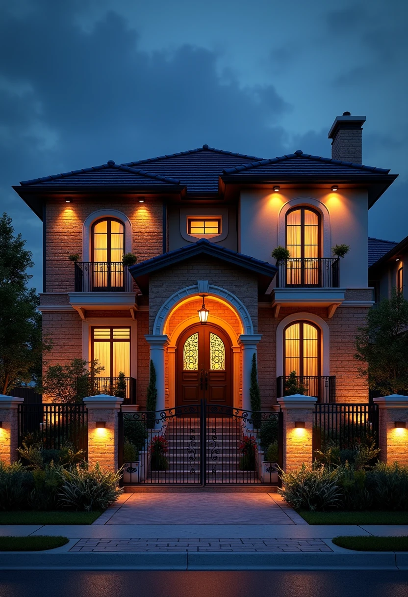 When design a MEDITERRANEAN EXTERIOR house, exterior design, (dark blue roof:1.1), (roof tile:1.2), (|Dark sky background| at night) (MEDITERRANEAN style:1.1), |brick wall|, ((Iron with artistic patterns detail:1.3) designed to make railings, windows),(xingfa door), (curved arch:1.35), (white wall), (nigh light:1.3), (night view:1.3),designed to make gates, railings, windows), The house bathed in natural nightlight and has warm LED lighting. Super sharp like photos taken with a professional camera, color block wall detail, (|color block materials| in MEDITERRANEAN house), white color block MEDITERRANEAN house (((volumetric light))), (outdoor ceiling spotlight:1.2), (Exterior night reverse lights:1.2), (| MEDITERRANEAN cornice|), The focal point of the room the warm LED light with a color temperature of 3600k,|reverse lights| illuminate the columns around the house, night, 8k uhd, dslr, soft lighting, high quality, film grain, Fujifilm XT3 day, 8k uhd, dslr, soft lighting, high quality, film grain, Fujifilm XT3, The ambient lighting highlights the textures and details, creating a stock photo-like atmosphere, (((Best Quality))), ((Masterpiece)), ((best illustration)), ((best shadows)), ((Super Detail)), (Intricate lines), (Photorealism),(hyper detail), ((archdaily)), ((award winning design)), (dynamic light), ((day)), (perfect light), (shimering light), (hidden light), ((photorealistic)), ((FKAA, TXAA, RTX, SSAO)), ((Post Processing)), ((Post-Production)), ((CGI, VFX, SFX)), ((Full color)) ,((Unreal Engine 5)), ((intricate detail)), ((extreme detail)), ((science)), ((hyper-detail)), ((super detail)), ((super realistic)), ((crazy detail)), ((octane render)), ((Cinematic)), ((trending on artstation)), ((High-fidelity)), ((Viwvid)), ((Crisp)), ((Bright)), ((Stunning)), ((Eye-catching)), ((High-quality)),((Sharp))((Bright)), ((Stunning)), Natural, ((Eye-catching)), ((Illuminating)), ((Flawless)), ((High-quality)),((Sharp edge render)), ((medium soft lighting)),
