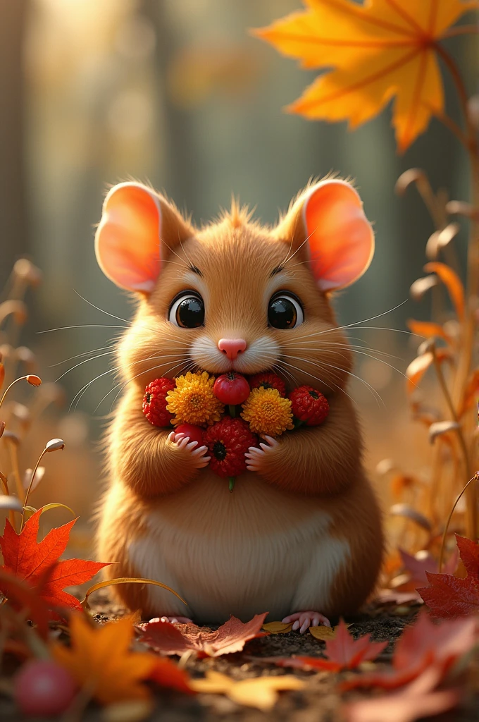 a cute chubby brown mouse eating many different types of fallen leaves in an autumn forest, mouth stuffed with foliage, holding more torn flowers in its mouth, peeking out from the shadows of tall dried grass