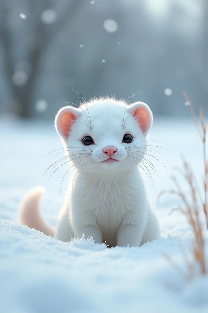 a small albino weasel peeking out from a snowy field, with white fur covered in snowflakes, round eyes watching cautiously, small ears perked up, ready to retreat at the first sign of danger, (best quality,4k,8k,highres,masterpiece:1.2),ultra-detailed,(realistic,photorealistic,photo-realistic:1.37),highly detailed, intricate, incredibly lifelike, soft lighting, natural tones, serene winter landscape