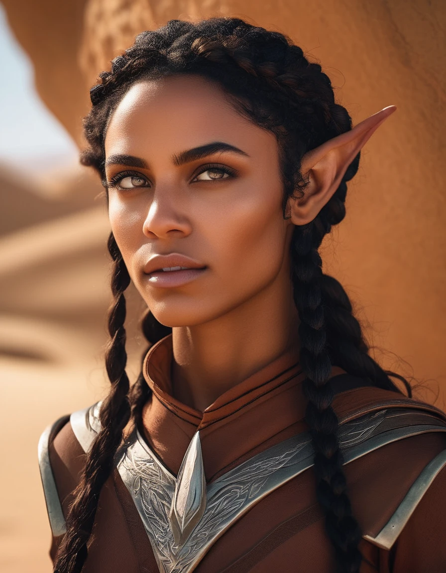 cinematic photo A closeup portait of  (( she live hidden in the desert, highly detailed painting, by Artgerm and Raphael Lacoste,  elf, elf ears, brown skin, an average face, (upper body view, looking at viewer), skinny, closed mouth, freckles, pointed ears, skin details, normal looking, elf ears, strong