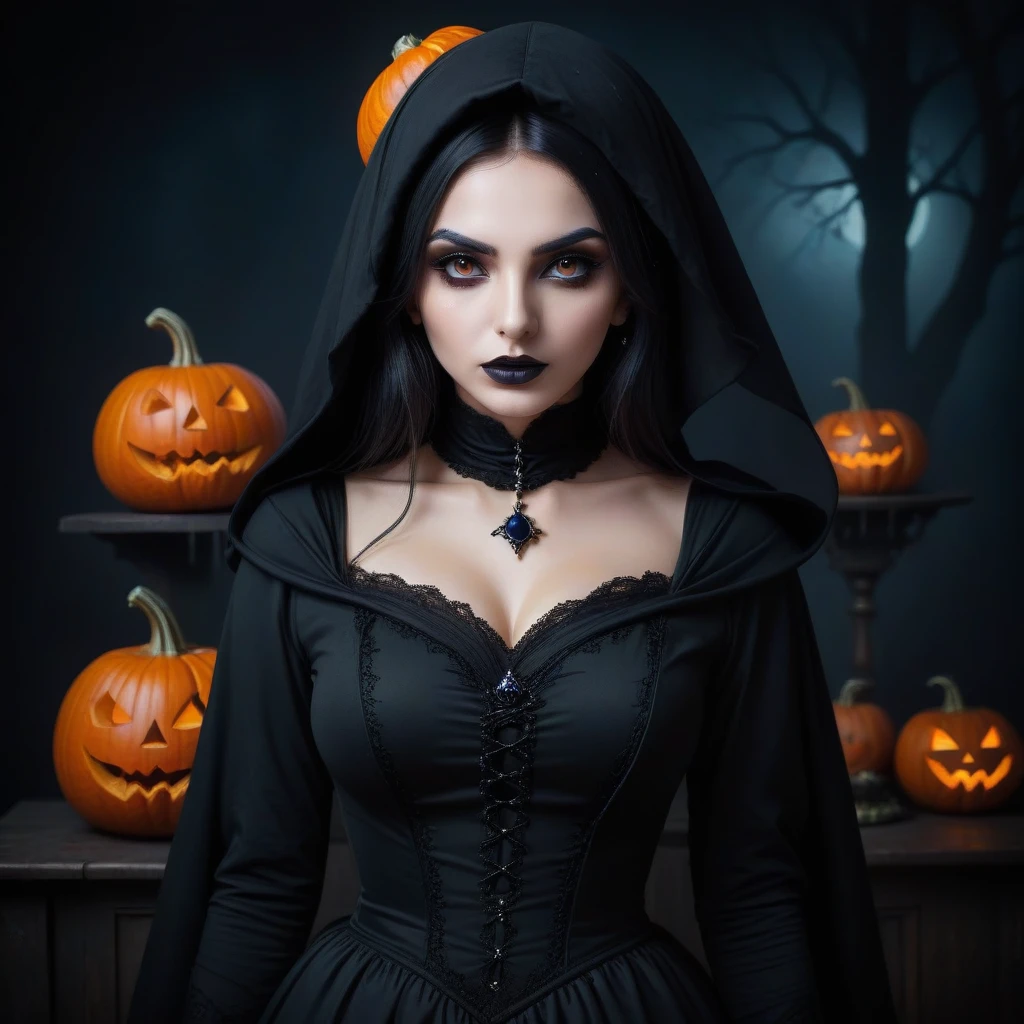  an Arab woman in a black dress and black hood 、 with a pumpkin on her head, Beautiful witch spooky woman, Halloween style,  Halloween Atmosphere, Gothic Maiden ,  halloween art style, Beautiful witch woman,  scary expression, Gothic Maiden  of the dark,  portrait of a dark witch , Gothic woman, Halloween Theme, Beautiful woman witch,  creepy gothic portrait 