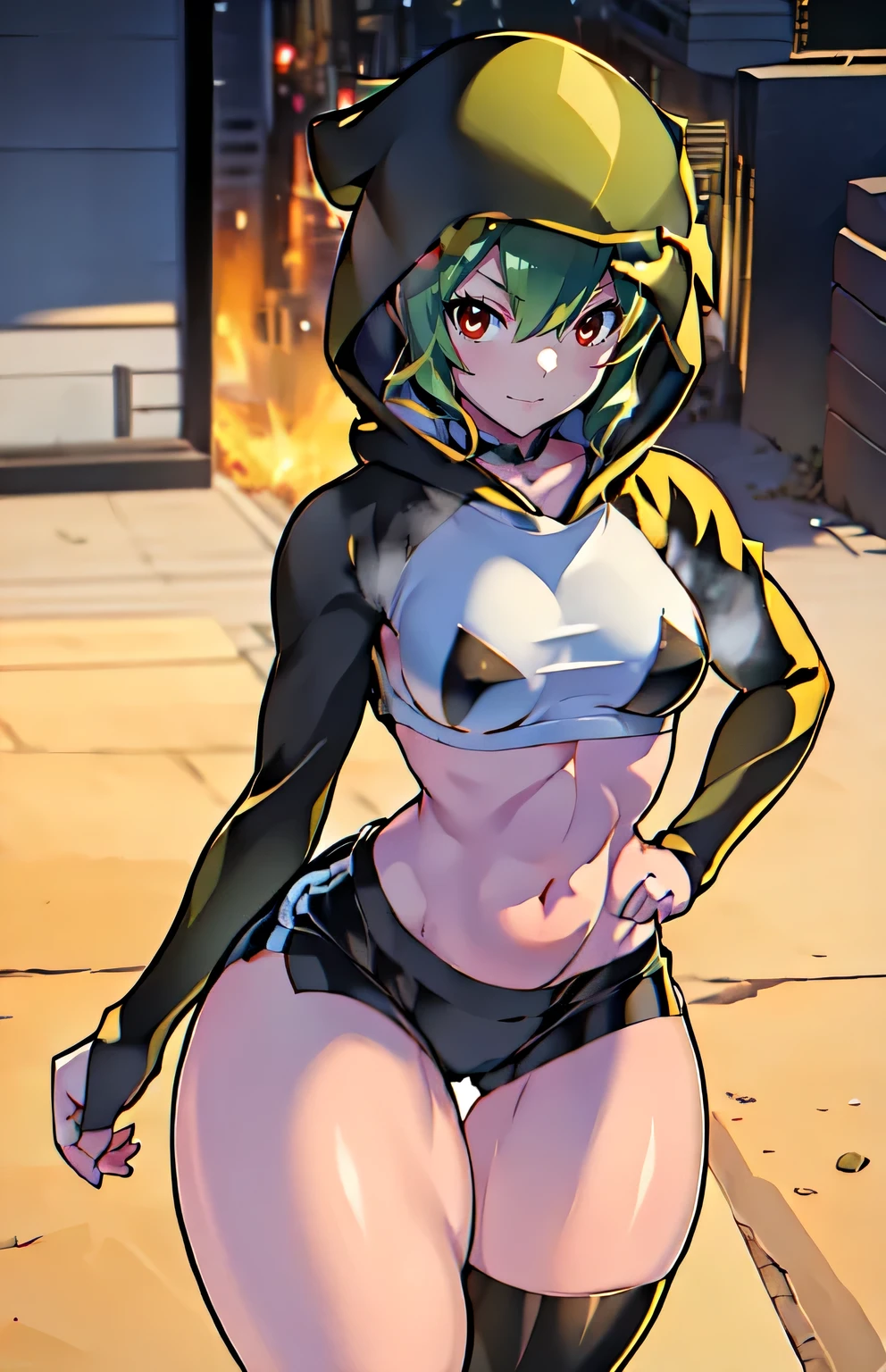 rina shinomyia、((micro shorts)), ((undersized shorts)) short black hoodie, hood up, googles on neck, highthigh, high knee boots, long sleeves, , big red eyes, short green hair, small breasts, two-toned bikini, covered midrift. gradient highlight, digidestined. thick thighs, thigh gap, plump thighs, shinny thighs, muscular thighs, beautiful thighs, sweaty thighs, sweatdrop thighs, oiled thighs, large hips, narrow waist, thick calves, long legs, sexy beautiful woman, full body shot, full body, toned body, muscular female, shredded abs, big ass, fitness, small breasts. Looking at viewer.  ((cowboy shot)) ((huge thighs)) ((huge hips)) ((narrow waist)), front view, view from above, one hand on hips