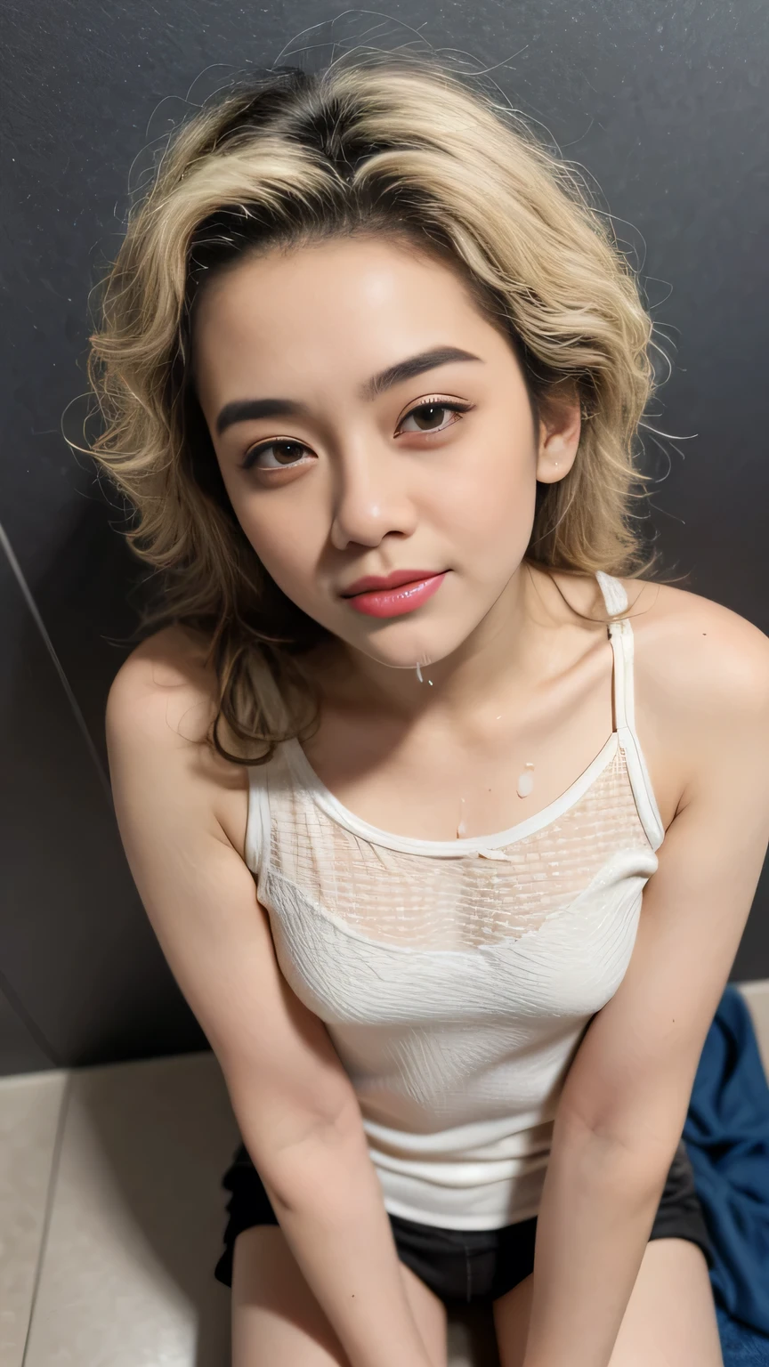 ((Genuine:1.5)),,High resolution,Malay Girl Photo Maker,(((Two beautiful girls:1.5))),((physical differences)),((Age difference)), ((blonde)),20～,Narrow eyes:1.5,Slim face,Underarm,A white tank top that is transparent with sweat,No arm hair,Small Face,Slim face,listen,Crouched down on the bathroom floor,NOpanty,Excessive sweating、Sweat dripping details, Textured Skin, 超High resolution, Camisole wet with love juice,Wet Hair,Wet Face,Wet body,Wet arms,(Perfect Anatomy:1.1),(Provocative pose),(Perfect hands),perfect fingers,Perfect Legs,((From above))、Different hair colors,Anatomically correct, Cheek to cheek, behind arms,(agedown)