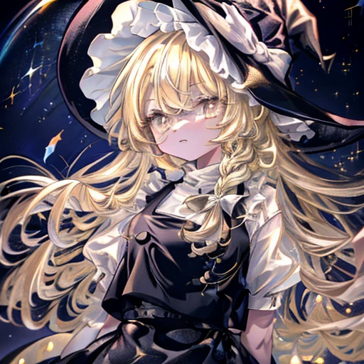 kirisame marisa, 1girl, blonde hair, witch hat, yellow eyes, long hair, vest, apron, bow, short sleeves, hat bow, braid, puffy sleeves, skirt, stars, night sky, night, galaxy, magical, wonder, beautiful, lovely, clear, glowify, glowing body, glowing skin! Colorful Light, Very Shiny, Very Luminous, Very Colorful, Very Glowing, Darkness, Starry Stars Cloud Colorful, Colorful Glowing Body , Colorful Glowing Skin, Colorful Glowing Clothes, Hiori Light Art, Backlight,PEAnimeBG, Background, anime, scenery, sparkle, star \(symbol \), gl0w, glow, Abstract, centcontrapposto,insanely detailed,ultra highres,masterpiece,8K, super detailed skin, (detailed beautiful face and eyes),very detailed background,elaborately designed clothes,beautiful artwork, detailed eyes, detailed clothes, detailed body, detailed hands, detailed hair, sparkle, star \(symbol\),intricate details,