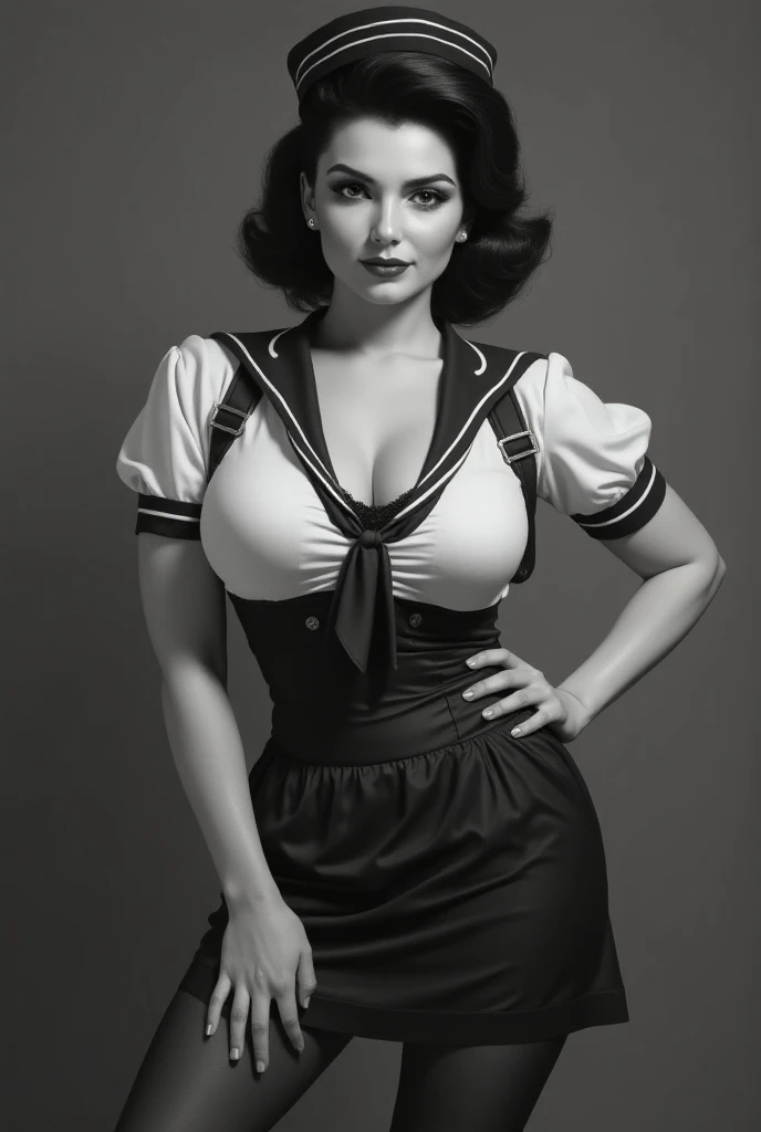 (1940 vintage black and white photograph:1.2), full body portrait of Betty (styled in a (1940's Sailor Dress:1.5), (highly detailed:1.3):1.3), (highly detailed face:1.8), (1940's Pompadour Hairstyle:1.3),  (slim body, (large breasts:1.3), small hips:1.5), (leaning back on the bar:1.5), (background sidewalk downtown New York City 1940:1.4), (soft studio lighting, volumetric shadows), JCH Street Pan, ISO 100