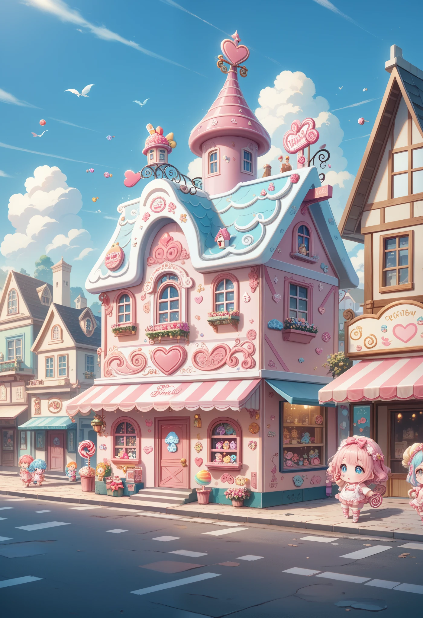 masterpiece, best quality, ultra-detailed, minimal object, chibi, kawaii style, pastel tones. A cute little town made entirely of candy floats on a fluffy cloud high in the sky. The buildings are shaped like pastel-colored gumdrops, cotton candy towers, and candy cane streetlights. The sky around the town is a soft gradient of pink and blue, and tiny pastel-colored rainbows arch over the town. A small chibi figure walks along the candy road, their back to the viewer, with a lollipop in hand, looking up at the candy buildings. The entire scene is filled with sweetness and charm, creating a kawaii world of edible delights that feels both magical and playful.