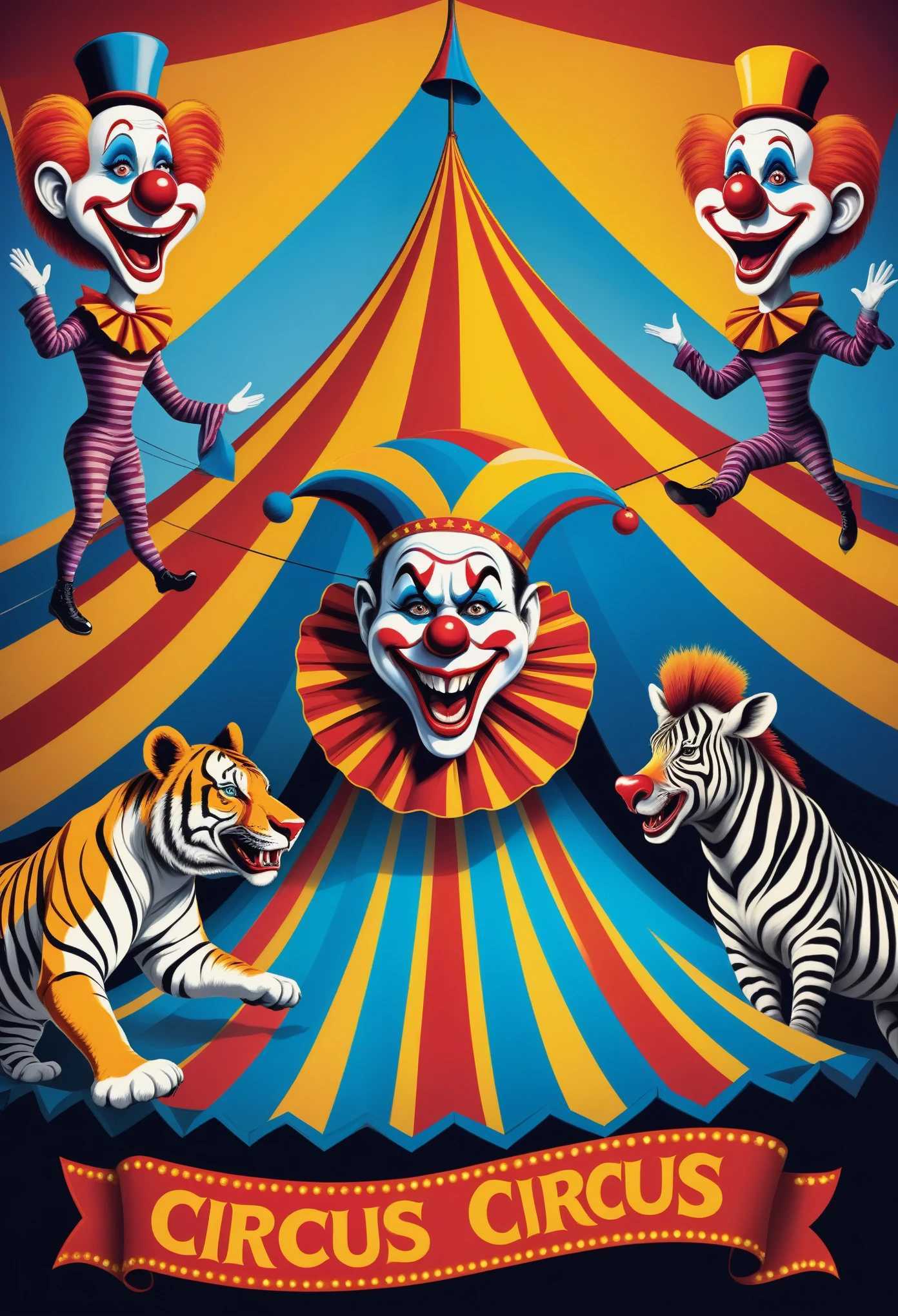 A circus poster, a colorful and vibrant circus tent, clowns with exaggerated features, ferocious wild animals, acrobatic performers on the high wire, a bold and eye-catching poster design