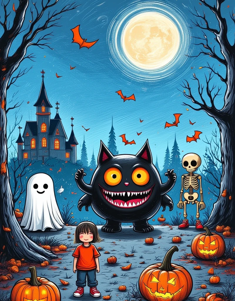 Generate a landscape image filled with classic Halloween elements. In the foreground, feature a friendly ghost, a shiny black cat, and a playful green monster donning oversized fangs and claws for comical effect. On the sidelines, depict several animated zombies and skeletons whose lighthearted mannerisms emphasize the fun fright of the holiday rather than actual horror. Color the scene in deep, mysterious tones to reflect the ambiguity of a dark Halloween night. Accentuate the composition with a large full moon, flickering jack-o'-lanterns, and barren trees silhouetted against the royal blue sky to evoke a wonderfully eerie atmosphere. Avoid an overly scary or graphic representation to keep this Halloween scene engaging but not extreme,  two-dimensional flat cartoon ， hand-painted graffiti ，Minimalism，Line Drawing，Stroke，Smooth lines， with clear strokes ， The shape is cute and simple，High color saturation ，White Space