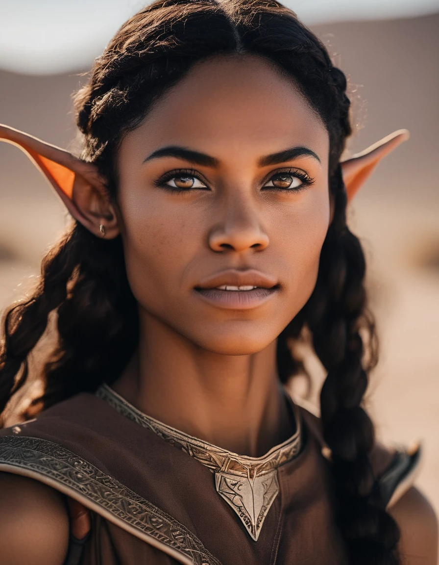 cinematic photo A closeup portait of  (( she live hidden in the desert)),  elf, elf ears, brown skin, an average face, (upper body view, looking at viewer), skinny, closed mouth, freckles, pointed ears, skin details, normal looking, elf ears, strong, round face