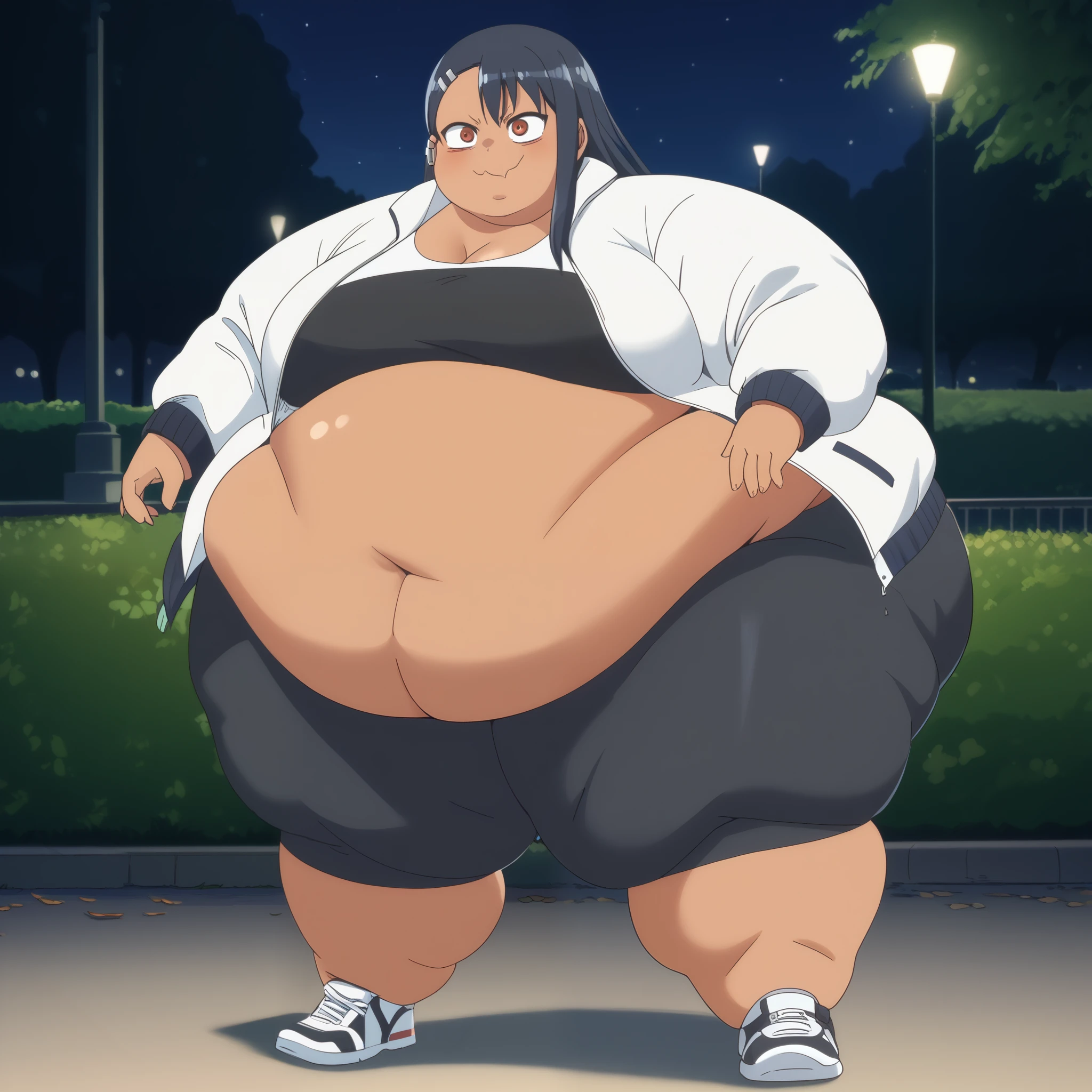 Nagatoro hayase, tan skin, 1girl, solo, park, night, smile, black bike shorts, white jacket, black tube top, fat, chubby, obese, full body shot, gigantic arms and legs, swollen face, big belly 