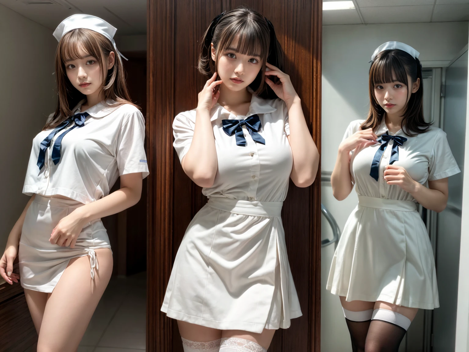 ((masterpiece, best quality)),2girls, cute, white hair, short hair, ((Japanese school uniform)), elbow glove, chocker, thighs, (fancy breasts), (thin legs: 1.1), (thin waist: 1), thin thigh, (waist ratio: 1.5), smile, (long legs: 1),, (RAW photo: 1.2), (photorealistic: 1.4), (masterpiece: 1.4), (best quality: 1.4), ultra high res,((detailed facial features)),HDR,8k resolution, ultra detailed,  physical rendering, perfect skin, soft lights,{promot}, (Kpop idol), (aegyo sal:1),((swollen eyes)),face to face,hug from behind, (short dress),