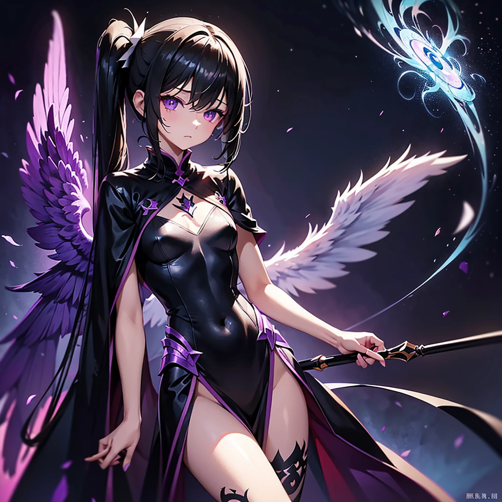 calf tattoo 1 .9、((Alone))1 .9(long side ponytail 1.8)((small breasts1.*****ung Body 1.2、Long black hair 1.5、Purple Eyes 1.5、1 dressed in worn out black wizard clothing.8、 big winged angel wizard girl metatron 1.3、