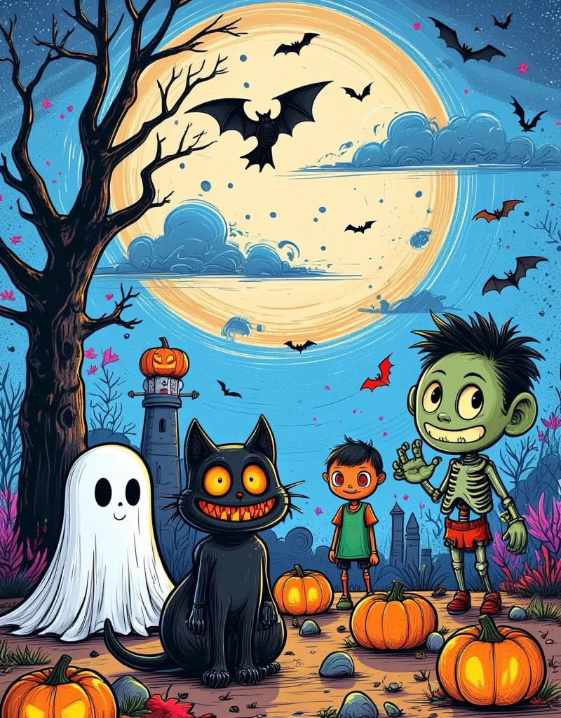 Generate a landscape image filled with classic Halloween elements. In the foreground, feature a friendly ghost, a shiny black cat, and a playful green monster donning oversized fangs and claws for comical effect. On the sidelines, depict several animated zombies and skeletons whose lighthearted mannerisms emphasize the fun fright of the holiday rather than actual horror. Color the scene in deep, mysterious tones to reflect the ambiguity of a dark Halloween night. Accentuate the composition with a large full moon, flickering jack-o'-lanterns, and barren trees silhouetted against the royal blue sky to evoke a wonderfully eerie atmosphere. Avoid an overly scary or graphic representation to keep this Halloween scene engaging but not extreme,  two-dimensional flat cartoon ， hand-painted graffiti ，Minimalism，Line Drawing，Stroke，Smooth lines， with clear strokes ， The shape is cute and simple，High color saturation ，White Space