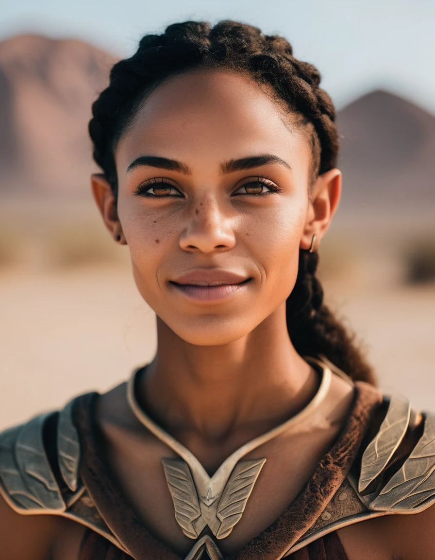 cinematic photo A closeup portait of  (( she live hidden in the desert)),  elf, elf ears, brown skin, an average face, (upper body view, looking at viewer), skinny, freckles, pointed ears, skin details, normal looking, elf ears, strong, round face, happy