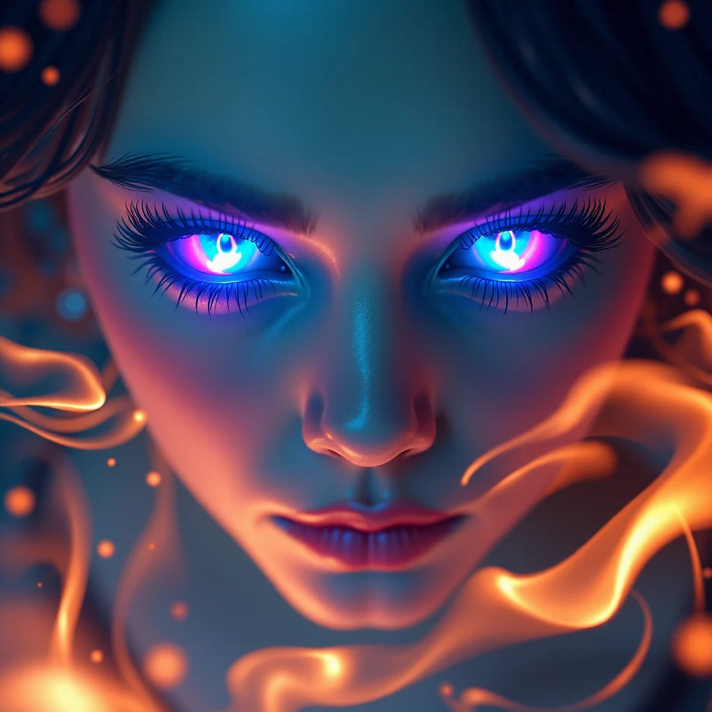 Ethereal female face in 4K ultra closeup, eyes radiating eerie mystical aura with crystalline composition tinted purple-blue hues. Surrounding inferno blazes with dynamic flames and motion effects, creating a vertiginous atmosphere. Extreme depth of field emphasizes surreal otherworldly presence. Glowing eyes at the focal point contribute to haunting mystique, shot from an altered viewing angle emphasizing mysticism. realistic fire and light effects, achieving ultra-realistic intense dreamlike quality.