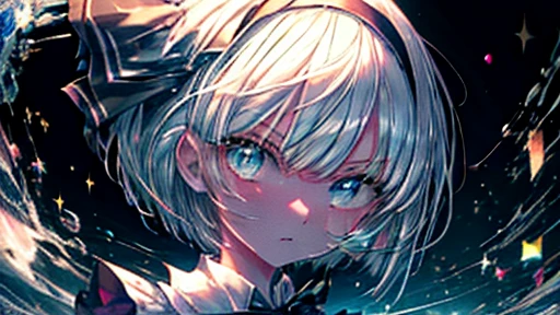 konpaku youmu, 1girl, white hair, short hair, blunt bangs, blue eyes, hairband, hair ribbon, black ribbon, black bowtie, white shirt, collared shirt, green vest, green skirt, socks, light blue soul, glowing soul, 1soul, glowing body, glowing skin! holding katana, lower the katana, serious,Colorful Light, Very Shiny, Very Luminous, Very Colorful, Very Glowing, Darkness, Starry Stars Cloud Colorful, Colorful Glowing Body, Colorful Glowing Skin, Colorful Glowing Clothes, Hiori Light Art, Backlight,PEAnimeBG, Background, anime, scenery, sparkle, star \(symbol \), gl0w, glow, Abstract, centcontrapposto,insanely detailed,ultra highres,masterpiece,8K,super detailed skin, (detailed beautiful face and eyes),very detailed background,elaborately designed clothes,beautiful artwork, detailed eyes, detailed clothes, detailed body, detailed hands, detailed hair, sparkle, star \(symbol\),intricate details,