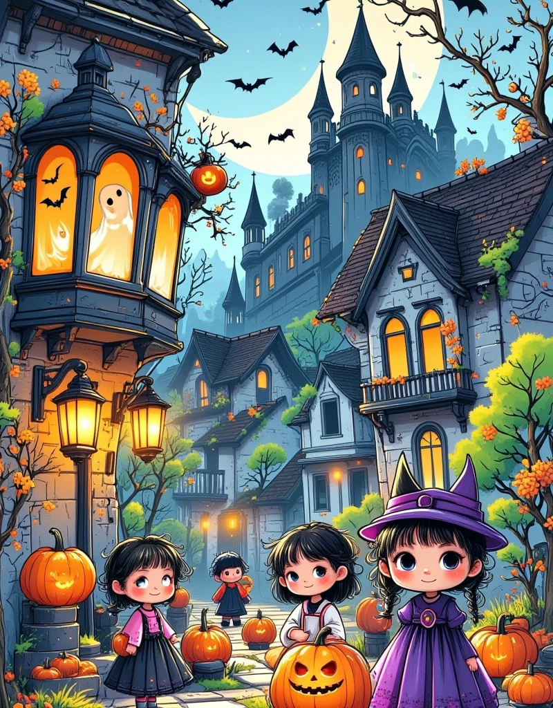 Halloween night， The kids are wearing all kinds of costumes ，Wearing a mask，Carrying a pumpkin lantern， cheerfully knocking door-to-door asking for candy ， The streets are decorated with pumpkin lanterns and nets ， There are decoupage of ghosts and bats on every window， The air is filled with the sweetness of candy and holiday cheer ，People are enjoying the festival ，The background is a gothic castle ， two-dimensional flat cartoon ， hand-painted graffiti ，Minimalism，Line Drawing，Stroke，Smooth lines， with clear strokes ， The shape is cute and simple，High color saturation ，White Space