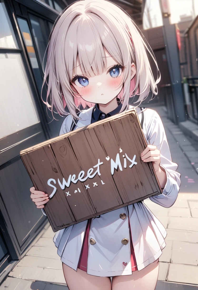 1 girl,solo,(((having a wood sign saying"Sweet Mix XL")))