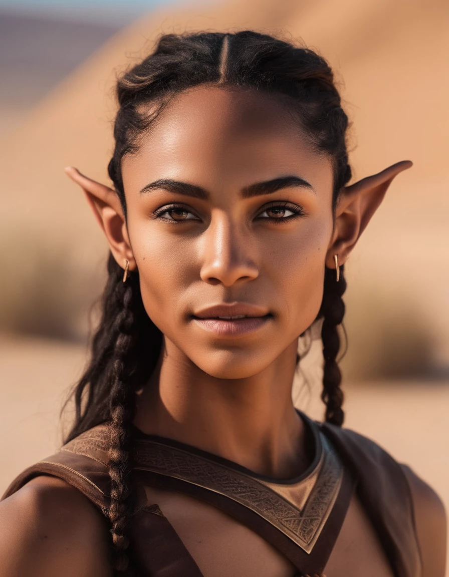 cinematic photo A closeup portait of  (( she live hidden in the desert)),  elf, elf ears, brown skin, an average face, (upper body view, looking at viewer), skinny, freckles, pointed ears, skin details, normal looking, elf ears, strong, round face, happy, round face, muscles