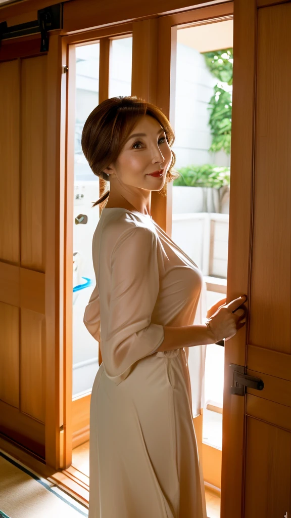 (8k, RAW photo, highest quality, masterpiece: 1.2), (Realistic, photorealistic: 1.4), (Highly detailed 8k wallpaper), (Professional lighting, cinematic lighting, flat lighting, sharp focus),
(Cowboy shots and focusing on the subject from below)
(Dynamic low-angle camera shots)
(Solo woman)(Housewife next door)
(50 years old)(Mature Japanese woman)(Older woman with miraculous beauty)
(Loose chignon, low ponytail hairstyle: 1.2)(Caramel-colored hair)
(Beautiful like an actress: 1.22)(Cute like an idol: 1.22)(Cool like a model: 1.22)(Slutty like a porn star: 1.22)(Slutty like a cheating wife: 1.22)
(Thin and long face)(Protruding cheekbones)(Droopy eyes)(Long and thin eyes)(Thin and straight nose)(Thin and small nose)(Flat lips, glossy lips, erotic lips)(White teeth)(Long, pointy chin)(Brown eyes, shining pupils),
(White skin that shines moistly), (Translucent skin)
(Wrinkles appropriate for a 50-year-old: 1.33)(Corner of mouth: 1.33)(Texture of fine wrinkles at corners of eyes 1.33)
(Very surprised expression)(Bashful smile)(Looking at camera)
(Loose chignon, low ponytail hairstyle: 1.2)
(Very tall)(Slender figure)(Saggy breasts)(Large breasts)(Hard nipples)(Long nipples)(Dark areola)(Thin waist)(Large butt)(Thighs)
(Wearing elegant clothes that hide her pure skin)(White see-through blouse)
(Wearing elegant clothes that hide her pure skin)(Long flared skirt)
(Door, entrance, room:, At the entrance, leaning forward, opening the door: 1.55) (Neighbor's wife from inside the entrance: 1.3)
(Door opening scene: 1.3)(Wife invites you into her house: 1.3)
(Cute and sexy pose: 1.33)
(NSFW down blouse, exposed breasts)