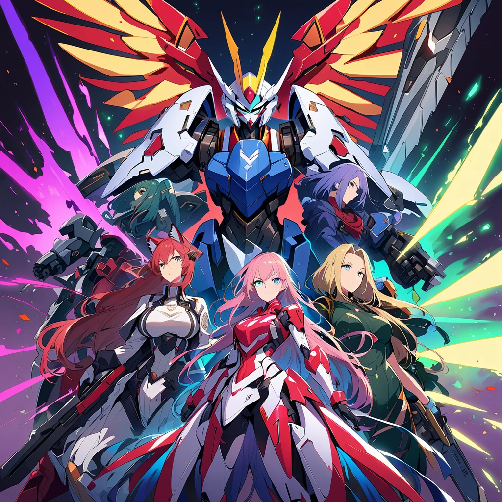 Anime, high detailed, multiple womans, mature womans, mecha armor, large mechanical wings, large Gauntlet, serious, curvy body, long mechanical wings, mecha weapons、Colored armors、magenta Colored aura、BLUE Eyes, elongated pupils,  Mature Woman、magenta aura、womans surrounding, background the sideral space 