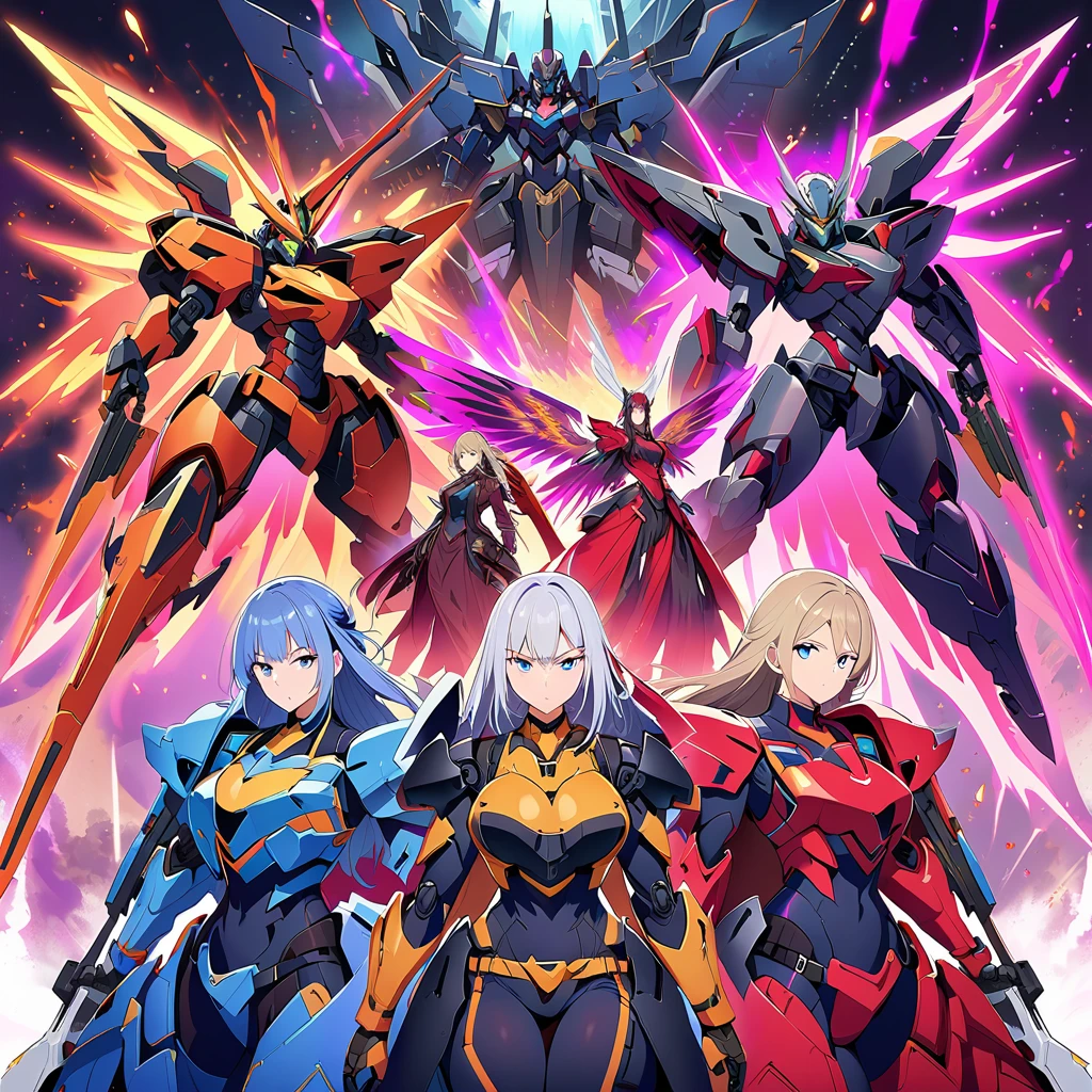 Anime, high detailed, multiple womans, mature womans, mecha armor, large mechanical wings, large Gauntlet, serious, curvy body, long mechanical wings, mecha weapons、Colored armors、magenta Colored aura、BLUE Eyes, elongated pupils,  Mature Woman、magenta aura、womans surrounding, background the sideral space 