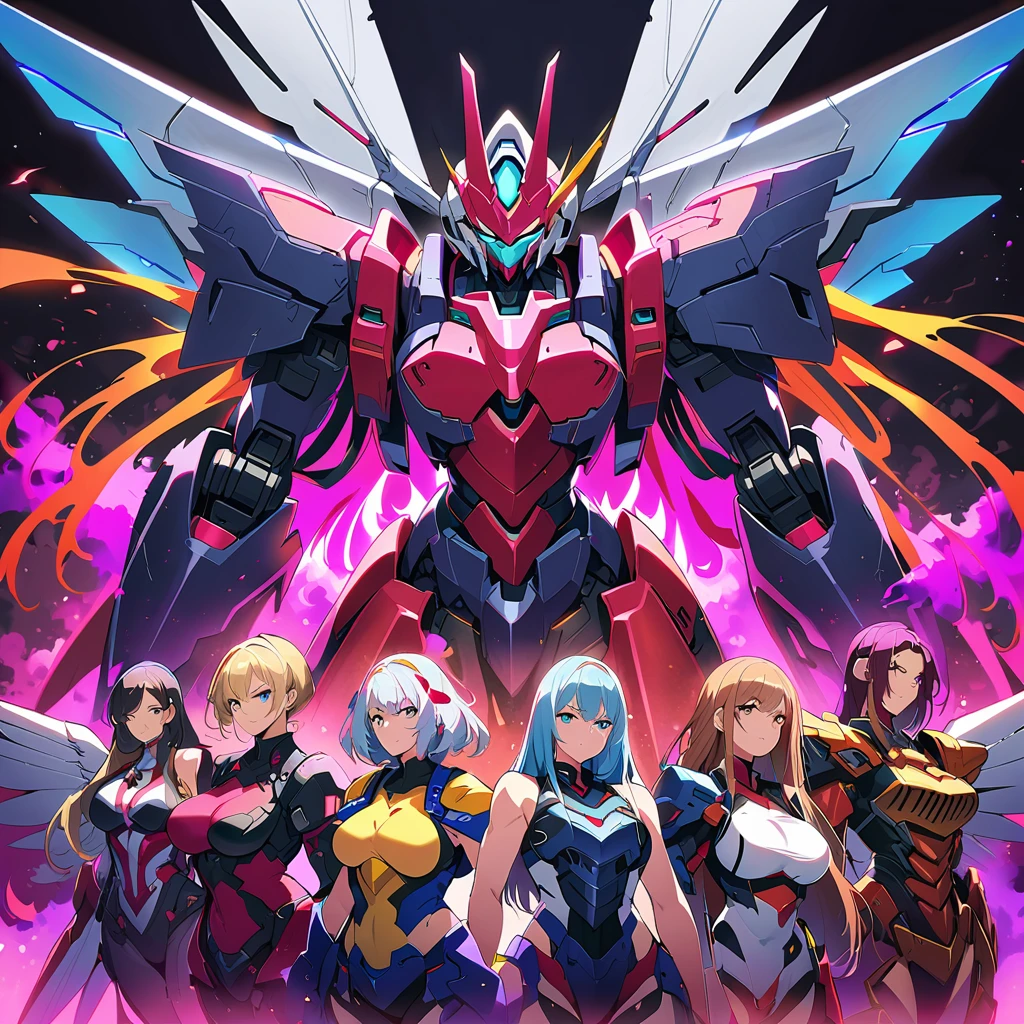 Anime, high detailed, multiple womans, mature womans, mecha armor, large mechanical wings, large Gauntlet, serious, curvy body, long mechanical wings, mecha weapons、Colored armors、magenta Colored aura、BLUE Eyes, elongated pupils,  Mature Woman、magenta aura、womans surrounding, background the sideral space 