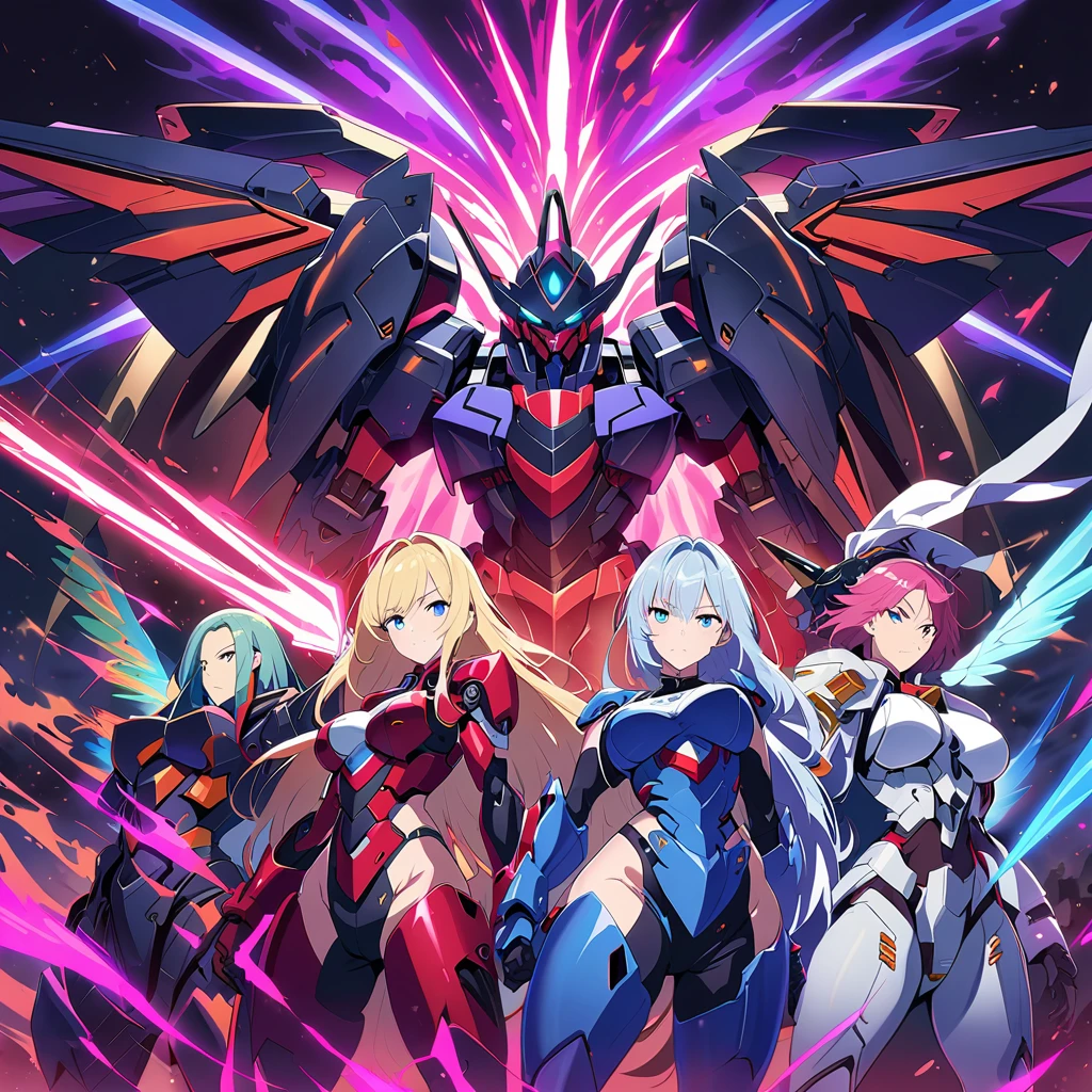 Anime, high detailed, multiple womans, mature womans, mecha armor, large mechanical wings, large Gauntlet, serious, curvy body, long mechanical wings, mecha weapons、Colored armors、magenta Colored aura、BLUE Eyes, elongated pupils,  Mature Woman、magenta aura、womans surrounding, background the sideral space 