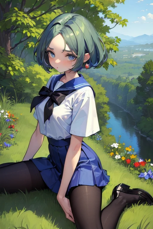 (masterpiece,  best quality :1.5)(Highest quality)(8k)(Detailed face)(Detailed eyes)( Black Pantyhose 1.3)( Slender Woman )( adult woman)One woman,Alone, toshinden_ellis, Close your legs,View from above,whole body,  school uniform,Blue mini skirt, Black Pantyhose , loafers,Green Hair, (Parted bangs),short hair,  blue eyes ,  Shy,garden