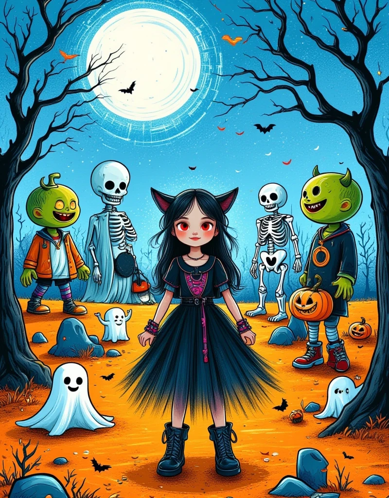 Generate a landscape image filled with classic Halloween elements. In the foreground, feature a friendly ghost, a shiny black cat, and a playful green monster donning oversized fangs and claws for comical effect. On the sidelines, depict several animated zombies and skeletons whose lighthearted mannerisms emphasize the fun fright of the holiday rather than actual horror. Color the scene in deep, mysterious tones to reflect the ambiguity of a dark Halloween night. Accentuate the composition with a large full moon, flickering jack-o'-lanterns, and barren trees silhouetted against the royal blue sky to evoke a wonderfully eerie atmosphere. Avoid an overly scary or graphic representation to keep this Halloween scene engaging but not extreme,  two-dimensional flat cartoon ， hand-painted graffiti ，Minimalism，Line Drawing，Stroke，Smooth lines， with clear strokes ， The shape is cute and simple，High color saturation ，White Space