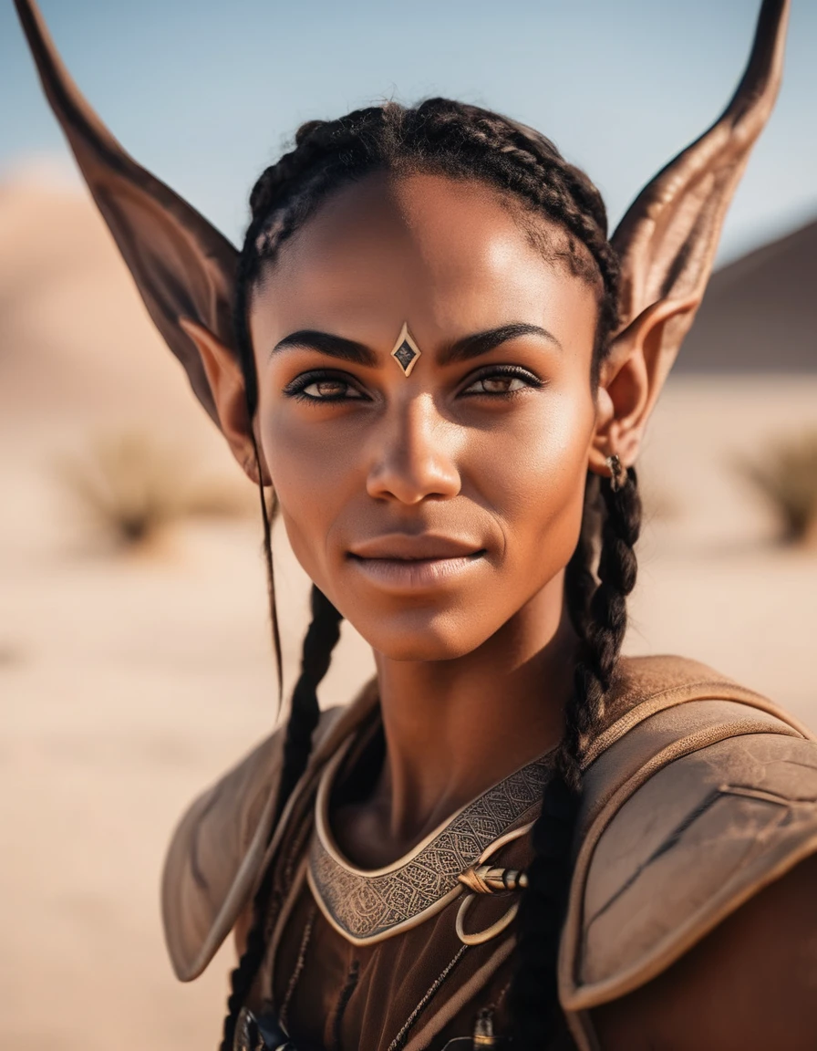 cinematic photo A closeup portait of  (( she live hidden in the desert)),  elf, elf ears, brown skin, an average face, (upper body view, looking at viewer), skinny, freckles, pointed ears, skin details, normal looking, elf ears, strong, round face, happy, round face, muscles