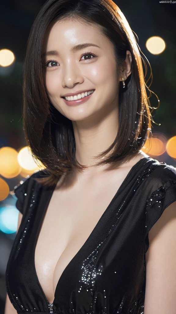 Best Quality, 8k, 32k, Masterpiece, UHD:1.3), Photo of Attractive Japanese Woman, brown head, 1 Girl, Abs, Perfect Body, Ultra Detailed Face, Detailed Lips, Fine Eyes, double eyelids, black outfit , tight clothes, massive cleavage, cute smile